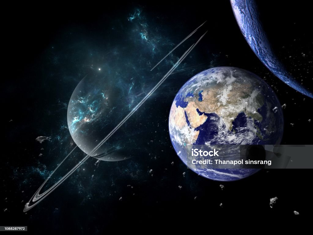 Planets and galaxy, cosmos, physical cosmology, science fiction wallpaper. Beauty of deep space.